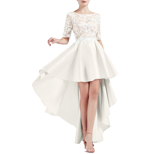 MACloth Women Scoop Neckline Half Sleeve High Low Lace Satin Prom Party Homecoming Dresses