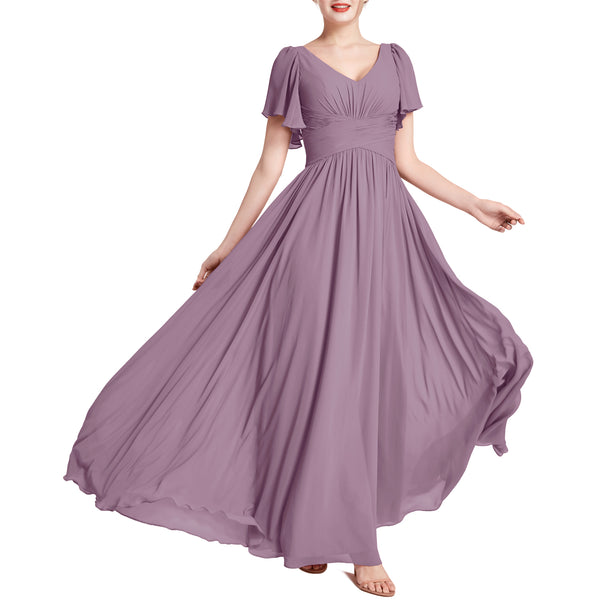 MACloth Women Short Sleeve V Neck Romantic Wedding Party Bridesmaid Dresses