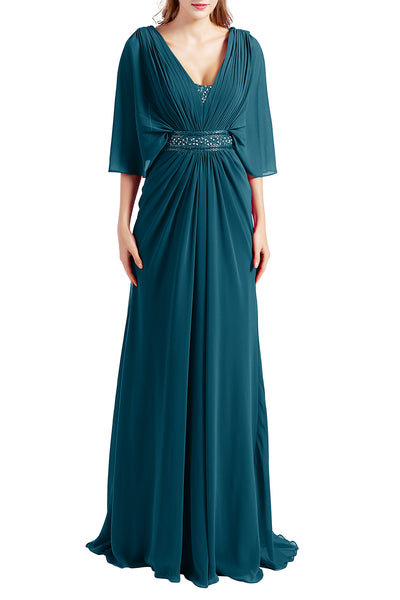 MACloth Women Elegant Long V Neck Mother of Bride Dresses Evening Gown Sleeves