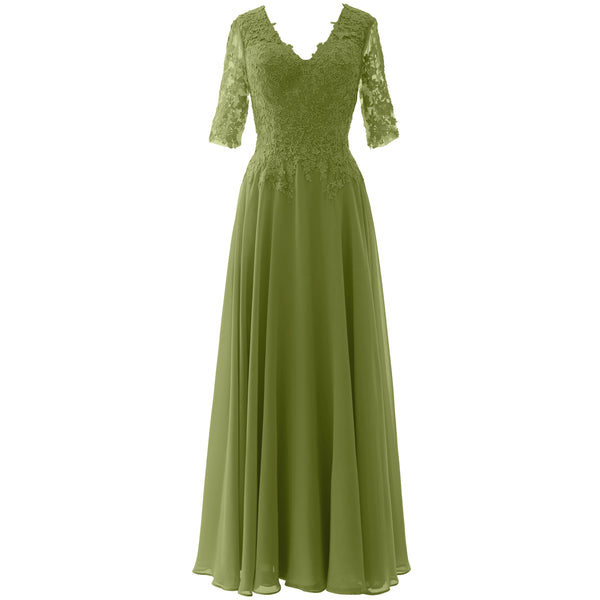 MACloth Long Maxi Mother Bride Dresses Short Sleeve Lace V Neck Evening Gown