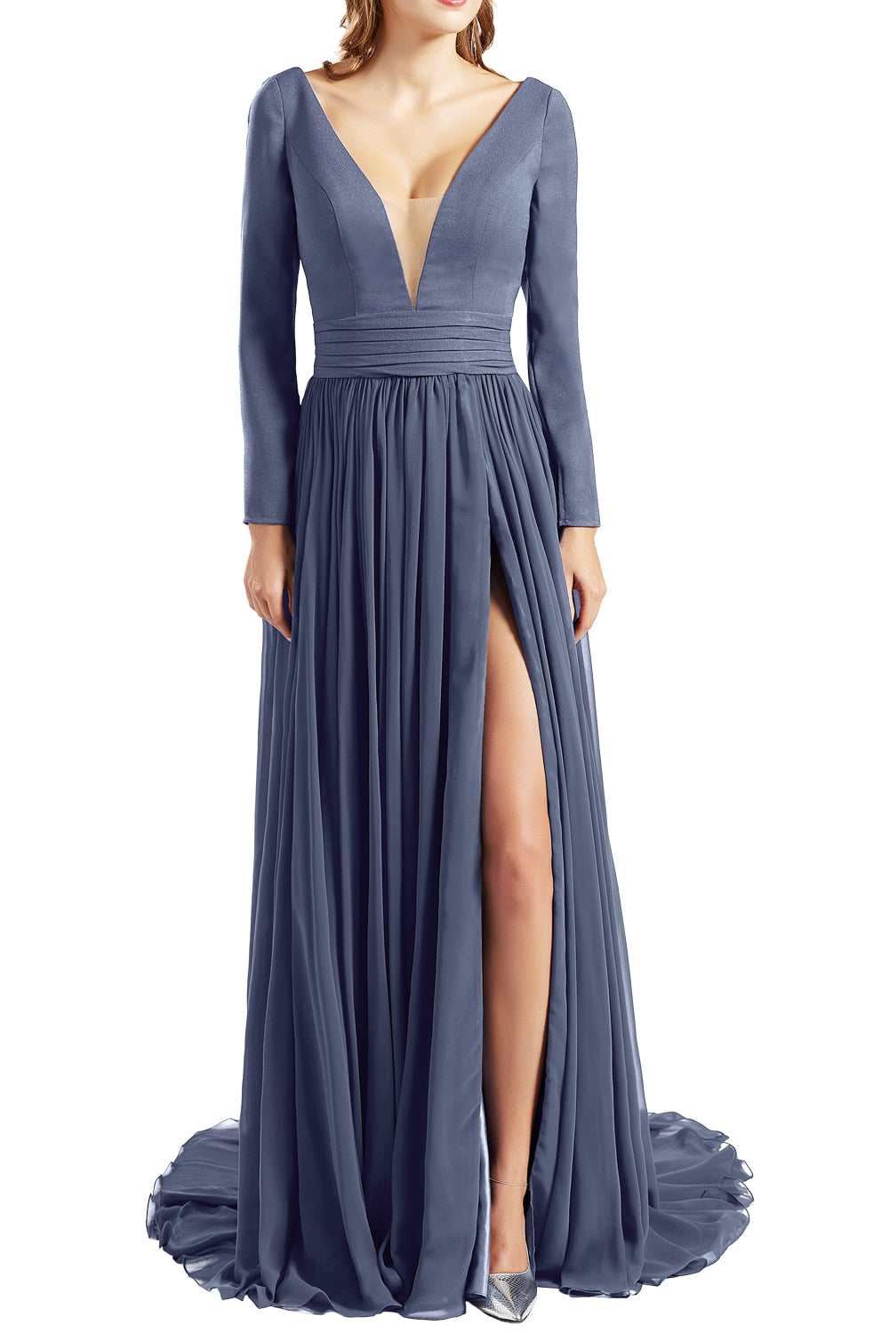 MACloth Women Plunging V Neck Long Sleeves Prom Dresses formal Evening Gown Slit