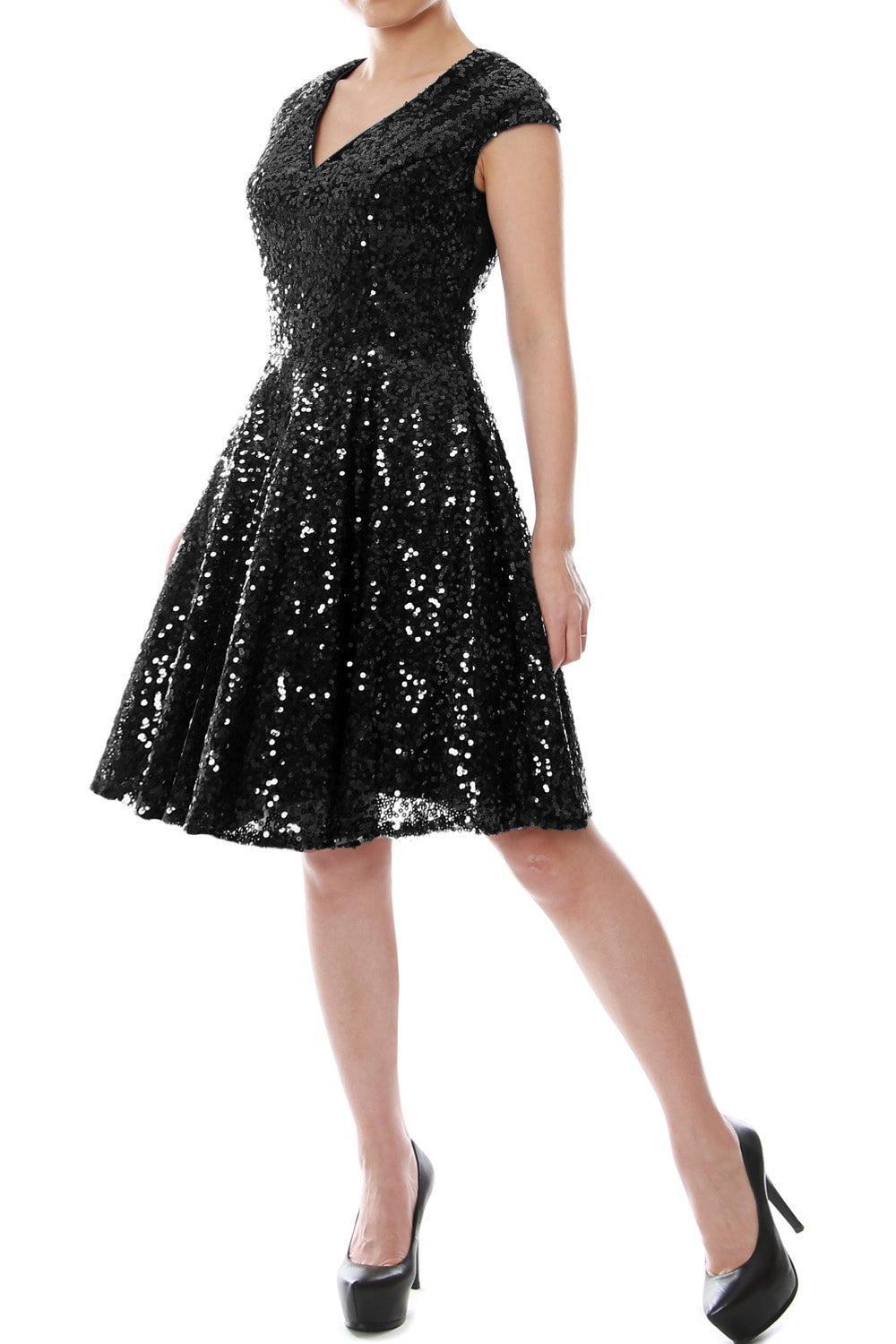 MACloth Women Cap Sleeve Party Formal Gown V Neck Sequin Short Bridesmaid Dress