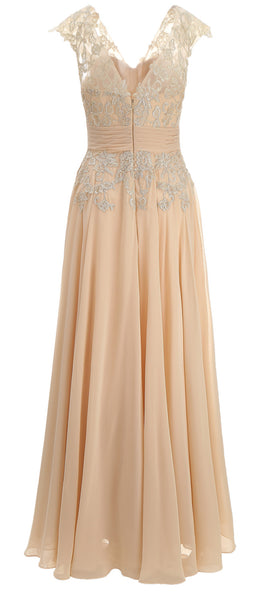 MACloth Women Maxi Mother of Bride Dresses Cap Sleeve V Neck Lace Evening Gown