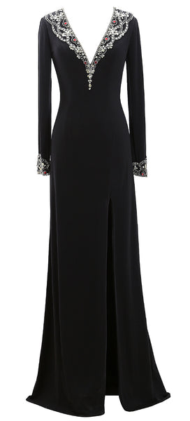 MACloth Women Long Sleeves V Neck Evening Gown Jersey Mother of the Bride Dress