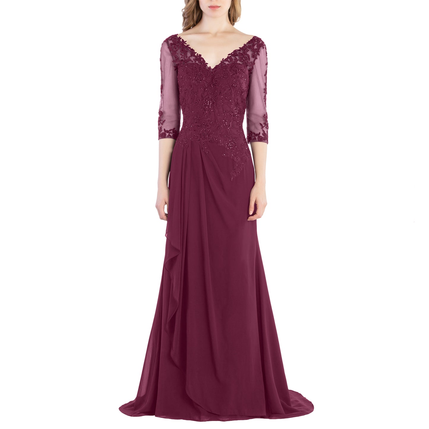 Vestido de novia largo de encaje con escote en V y mangas 3/4 de MACloth para madre de la novia y dama de honor