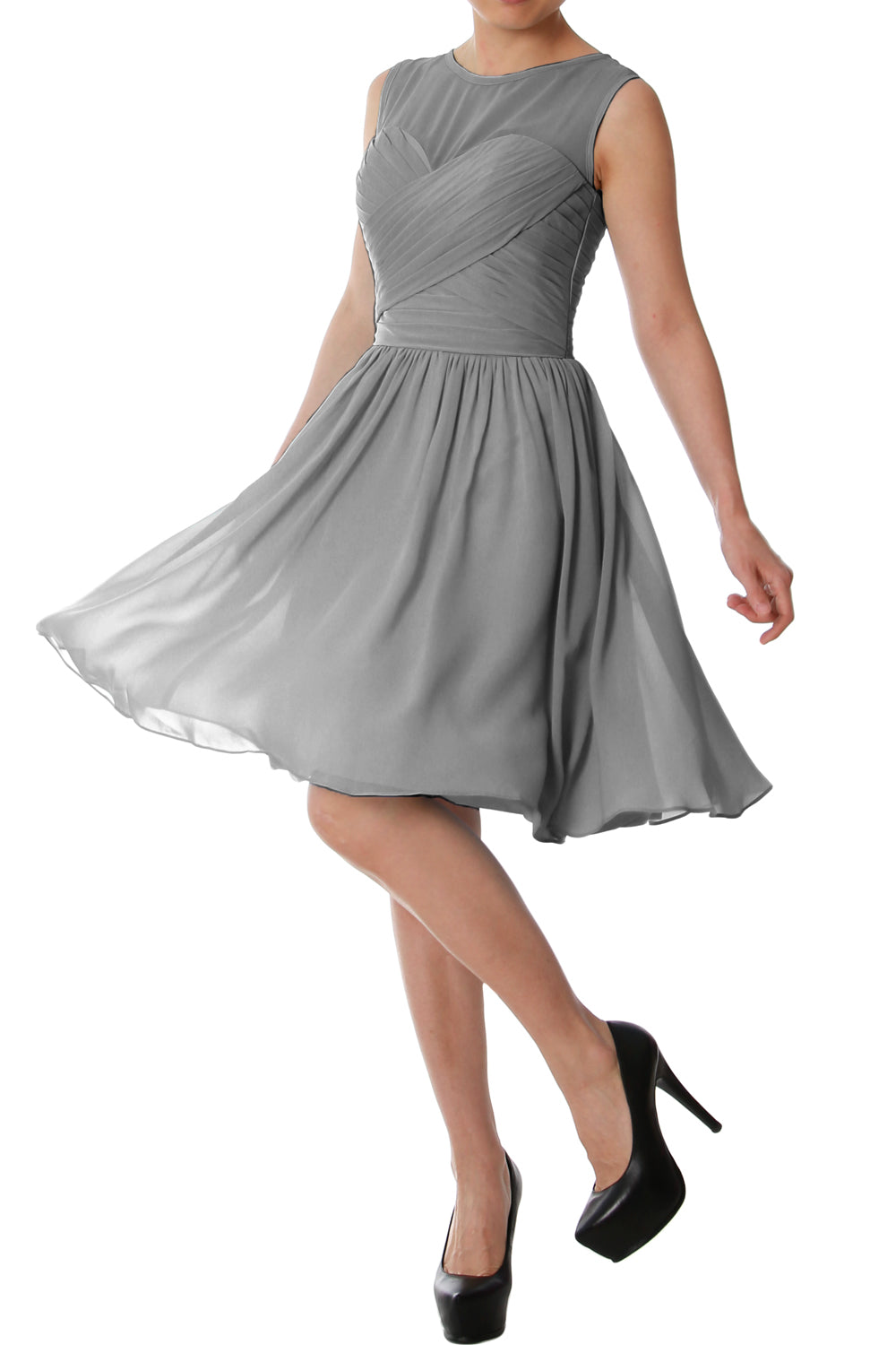 Vestido de dama de honor corto con cuello redondo elegante de MACloth, vestido formal de gasa para fiesta de boda
