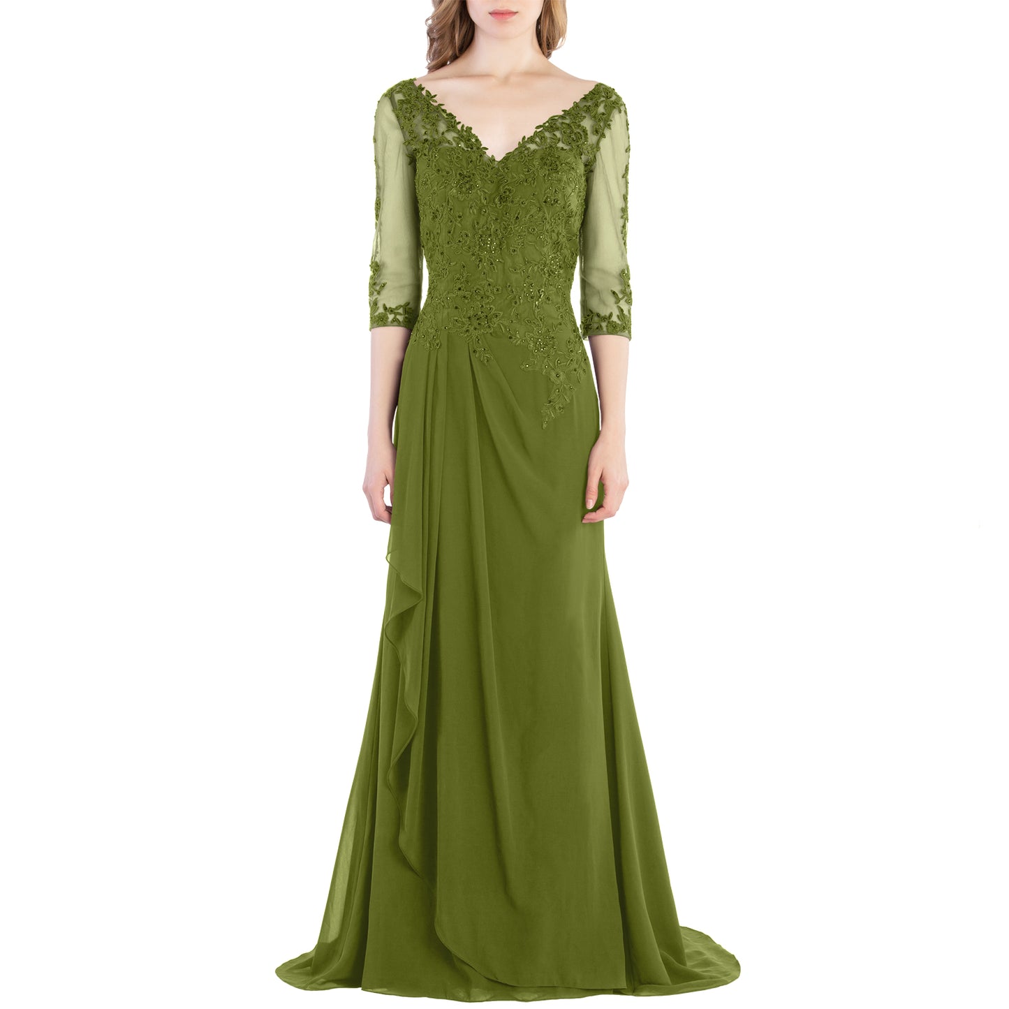 Vestido de novia largo de encaje con escote en V y mangas 3/4 de MACloth para madre de la novia y dama de honor