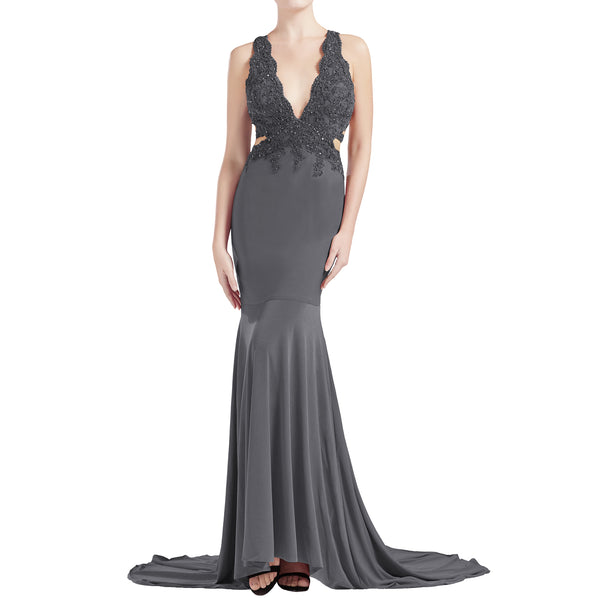 MACloth Women Mermaid V Plunging Neck Lace Long Prom Dresses Formal Evening Gown