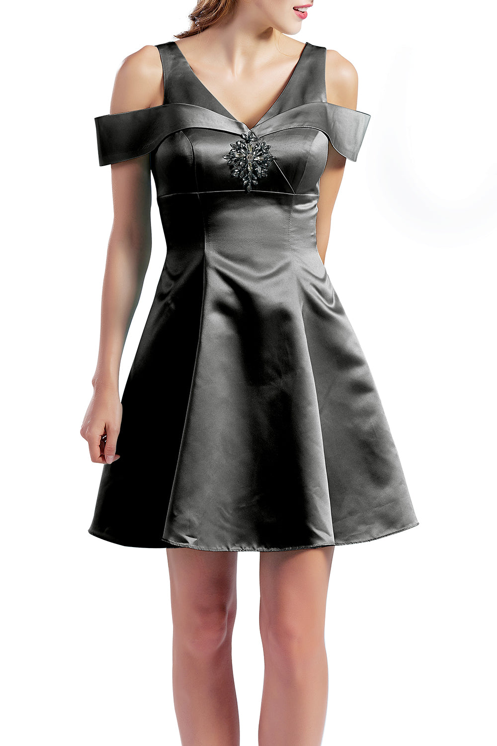 MACloth Women Short Cold Shoulder V Neck Satin Homecoming Dresses Wedding Guest