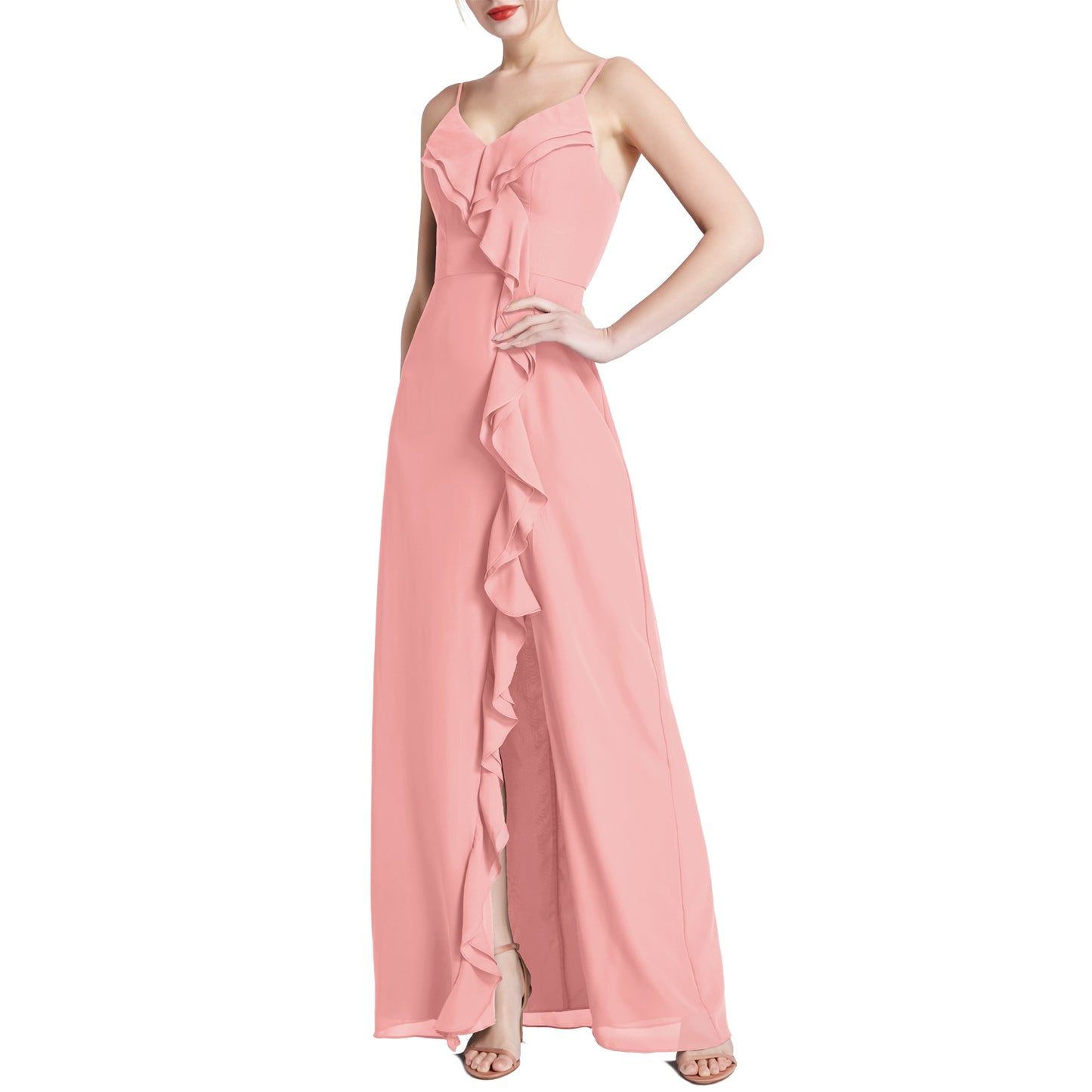 MACloth Women V Neck Ruffle Chiffon Long Wedding Party Bridesmaid Dresses Slit