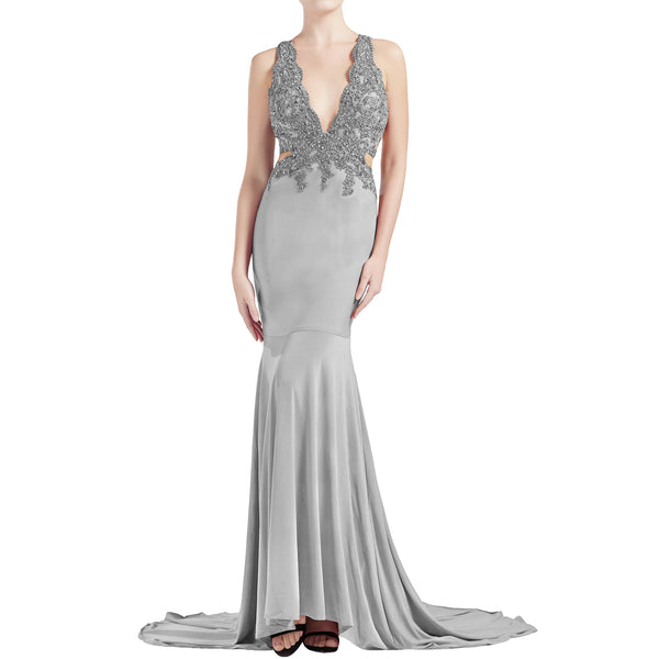 MACloth Women Mermaid V Plunging Neck Lace Long Prom Dresses Formal Evening Gown