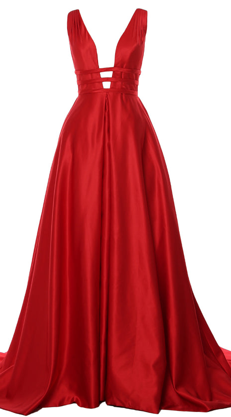 MACloth Women's Deep V Neck Prom Gown Satin Sleeveless Formal Evening Dresses