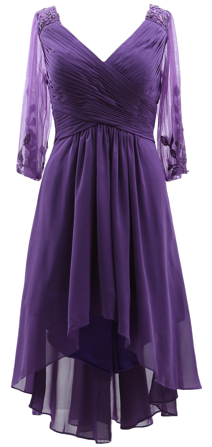 MACloth Damen Abendkleid mit V-Ausschnitt, High Low, für die Brautmutter, mit Ärmeln