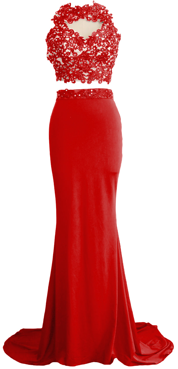 MACloth Damen Meerjungfrau 2-teiliges langes Ballkleid aus Spitze und Jersey, Abendkleid