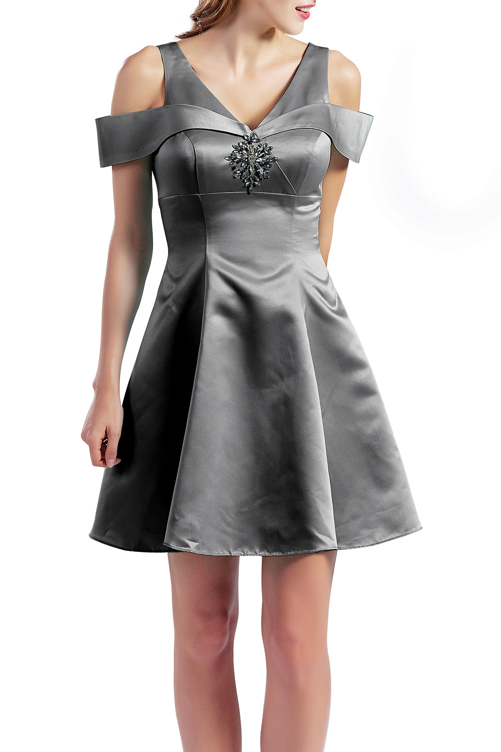 MACloth Women Short Cold Shoulder V Neck Satin Homecoming Dresses Wedding Guest