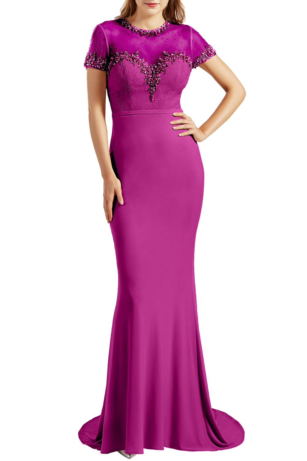 MACloth Damen Meerjungfrau-Ballkleid mit kurzen Ärmeln, Jersey, formelle Abendkleider