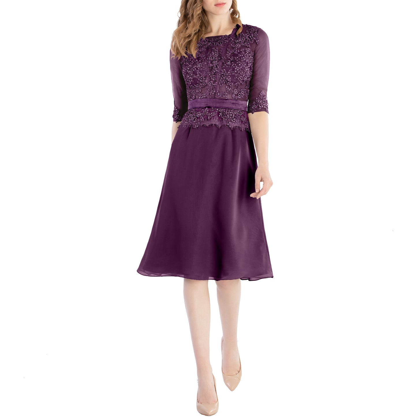 MACloth Damen-Kleid mit Rundhalsausschnitt, Perlenspitze, kurze Halbärmel, für die Brautmutter, Hochzeit, Brautparty