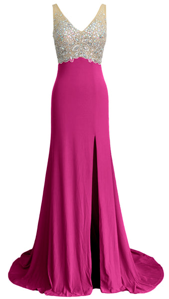 MACloth Elegant Mermaid V Neck Long Prom Dress Jersey Formal Party Evening Gown