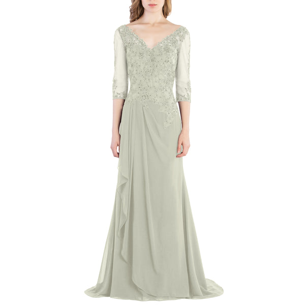 MACloth V Neck 3/4 Sleeve Lace Long Wedding Mother Bride Gown Bridesmaid Dresses