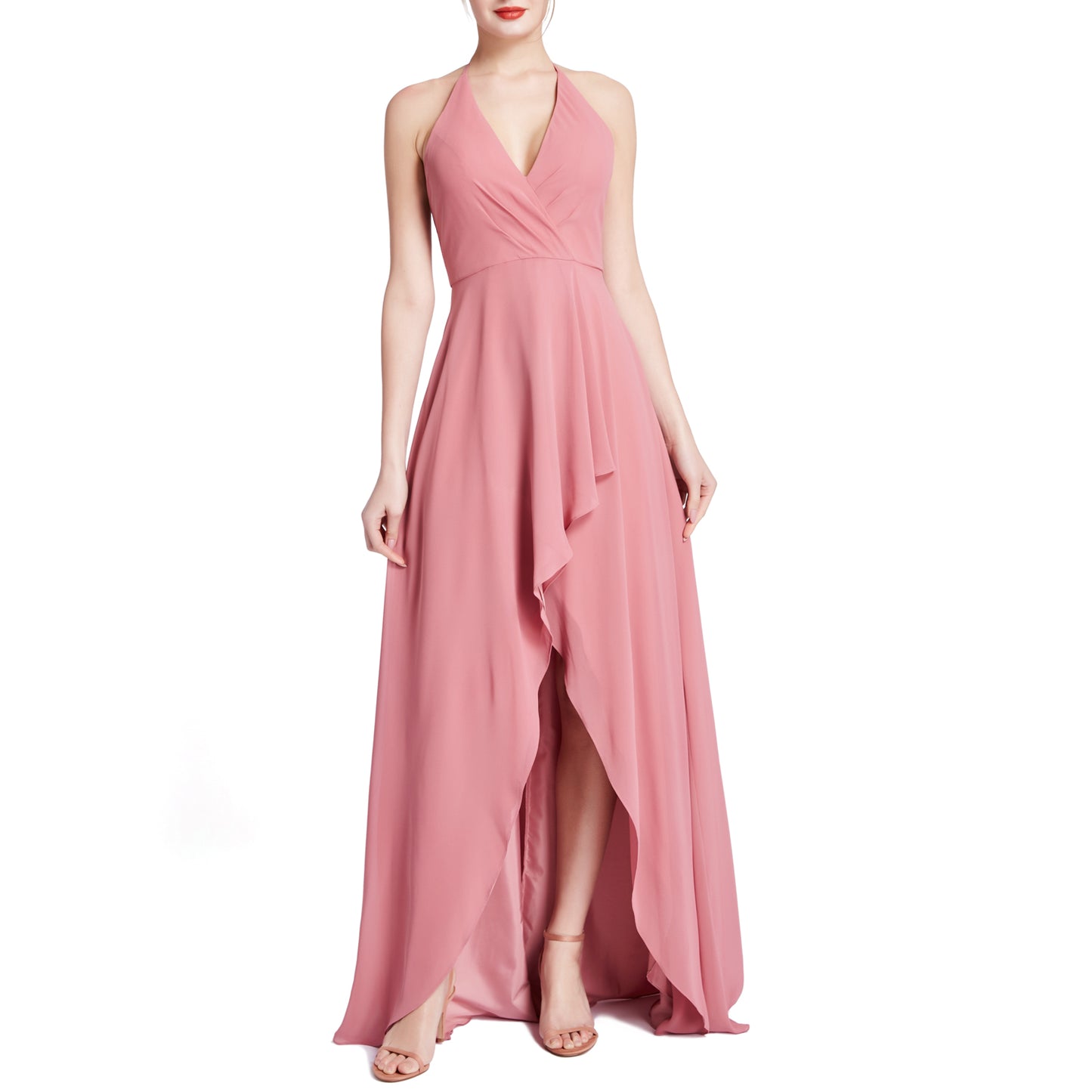 MACloth Women V Neck Halter Hi Lo Long Wedding Party Bridesmaid Dresses