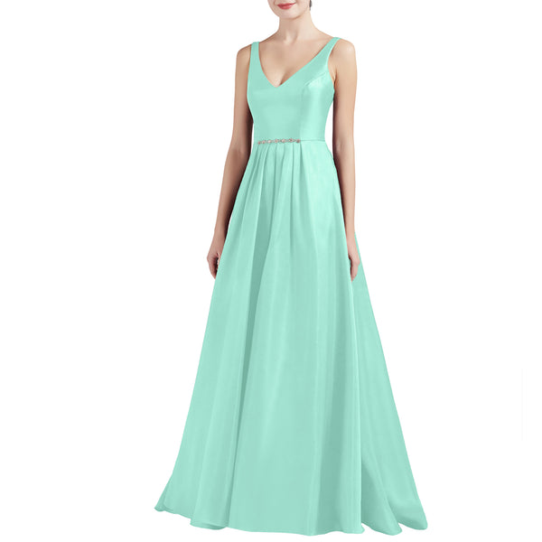 MACloth Women A Line V Neck Long Satin Prom Party Dresses Wedding Ball Gown