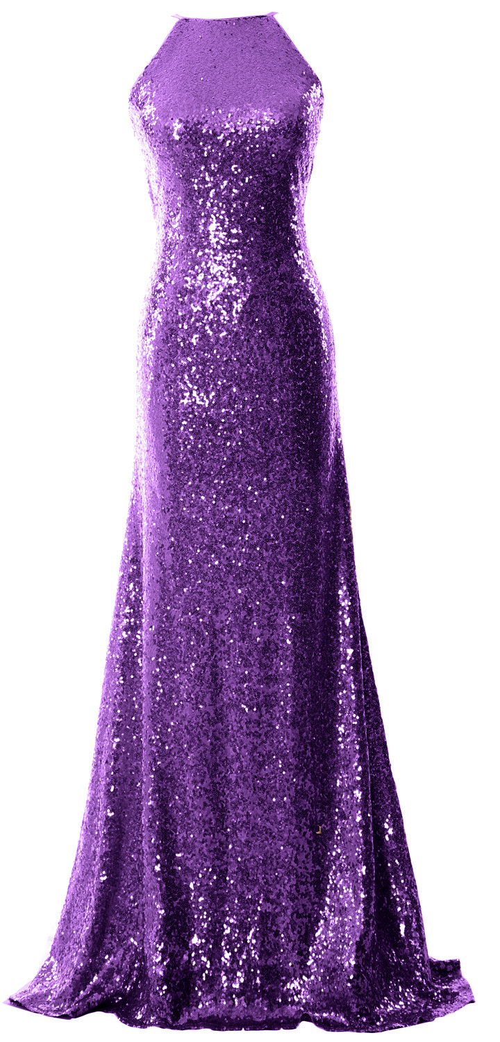 MACloth Women Bridesmaid Dress Sequin Long Halter Cowlback Prom Ball Gown