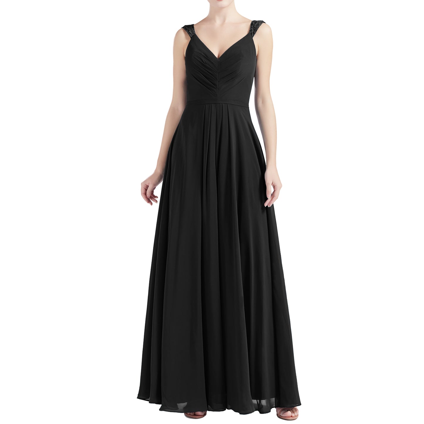 MACloth Women V Neck Lace Chiffon A Line Maxi Wedding Party Bridesmaid Dresses