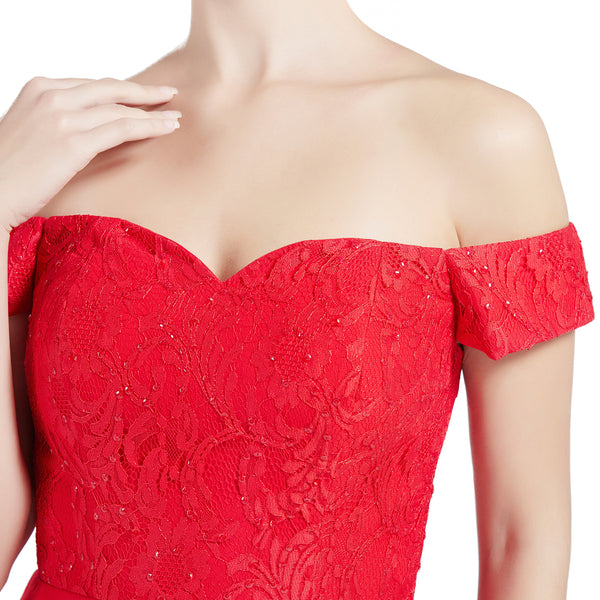 MACloth Women Hi Lo Off Shoulder Lace Beaded Wedding Bridesmaid Dresses MoH