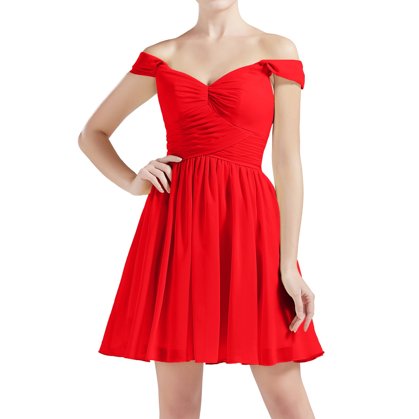 MACloth Women Off Shoulder Short Chiffon Wedding Party Bridesmaid dresses BD MoH Red / Above Knee / US8