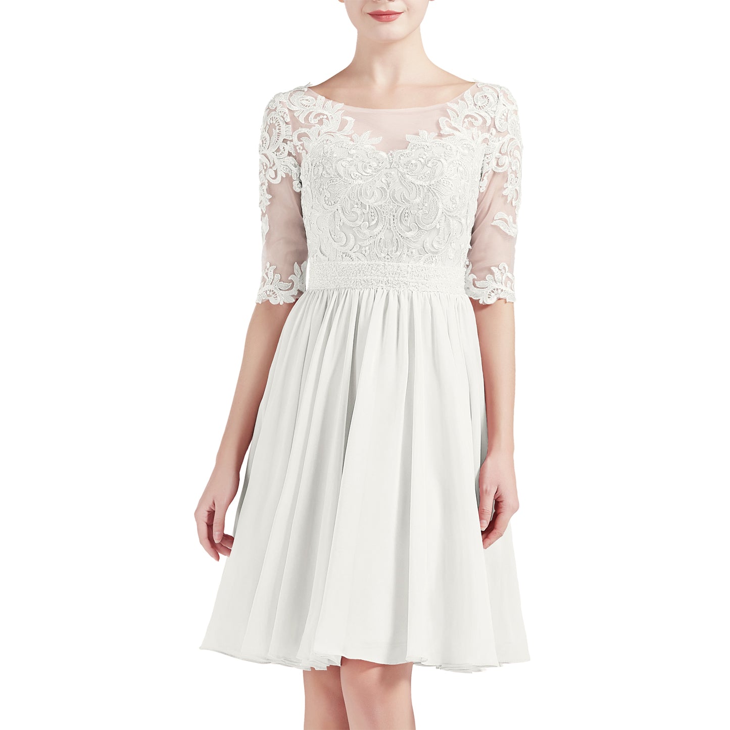 MACloth Women Half Sleeves Short Lace Beading Boat Neckline Mother of Bride Dresses Wedding Bridal Party