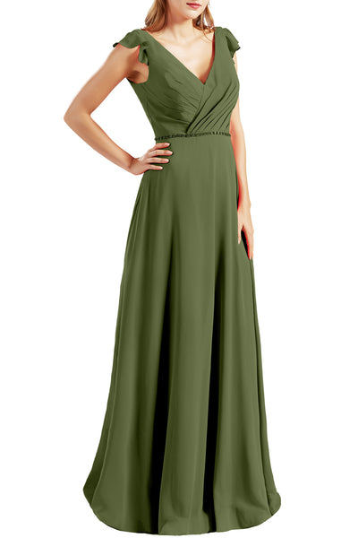 MACloth Women Cap Sleeves V Neck Chiffon Long Bridesmaid Dresses Evening Gown