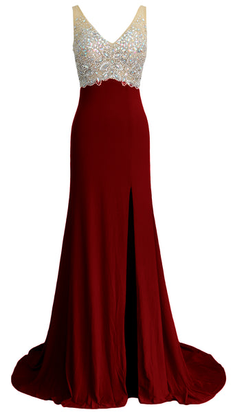 MACloth Elegant Mermaid V Neck Long Prom Dress Jersey Formal Party Evening Gown