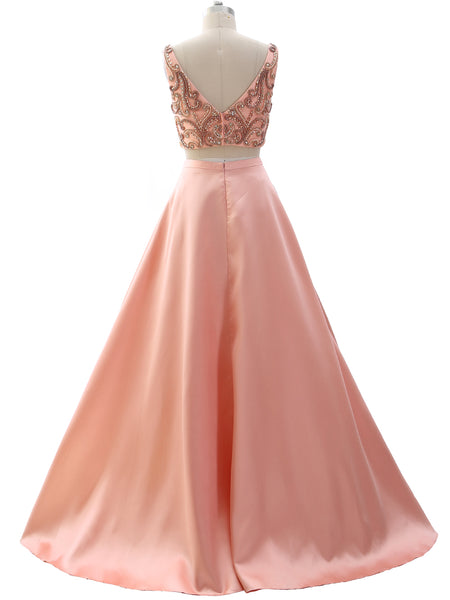 MACloth Women Two Piece V Neck Beaded Prom Dress Crop Top Formal Evening Gown