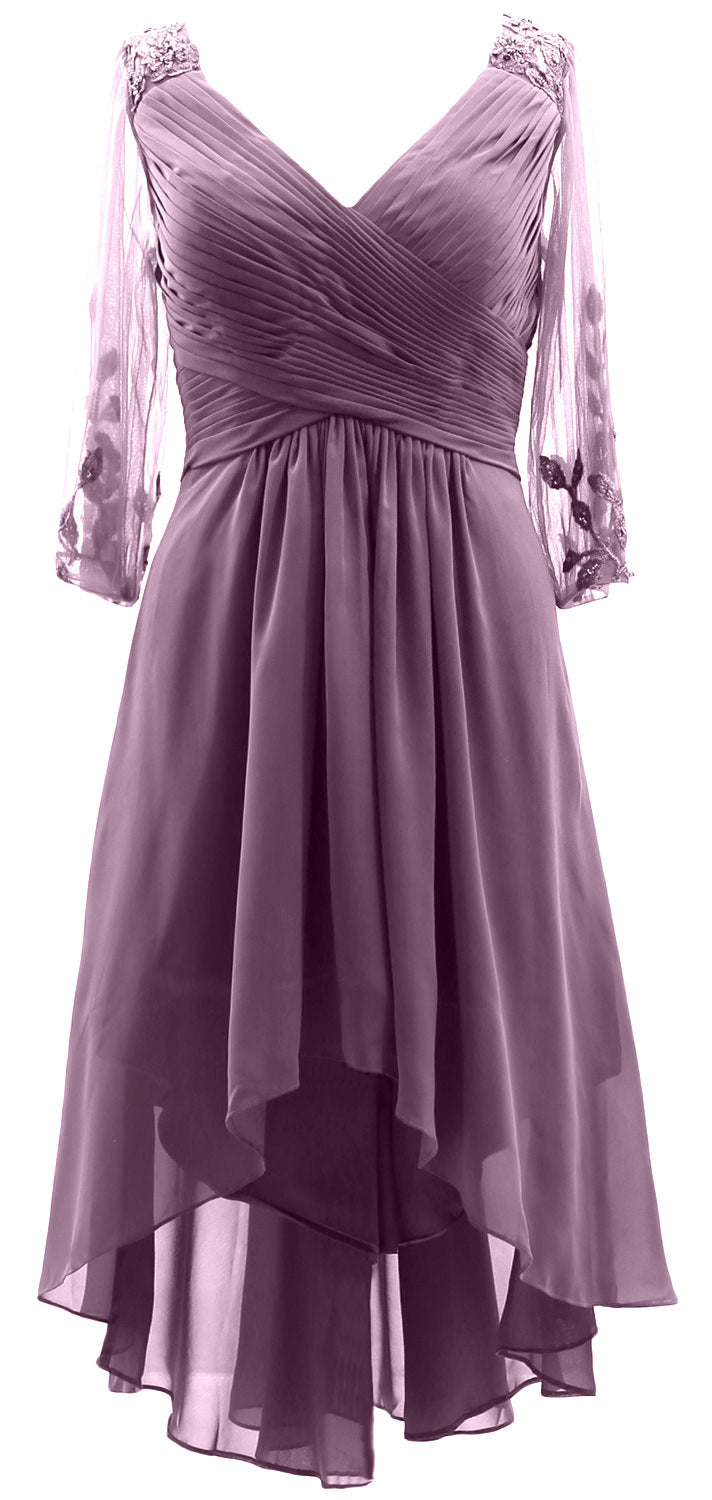 MACloth Damen Abendkleid mit V-Ausschnitt, High Low, für die Brautmutter, mit Ärmeln