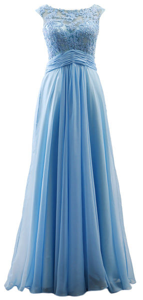 MACloth Elegant Cap Sleeves Long Prom Dress Lace Chiffon Formal Evening Gown