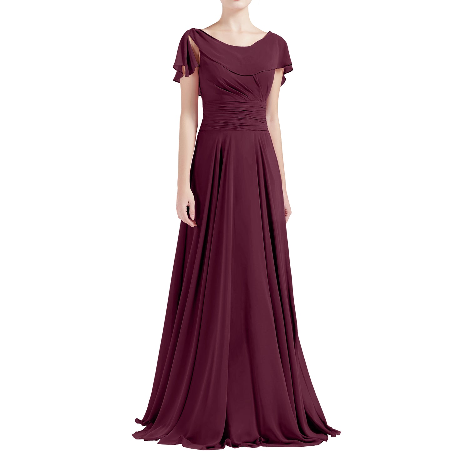 MACloth Damen O-Ausschnitt Rüschen Kurze Ärmel A-Linie Maxikleid Hochzeit Brautjungfernkleid