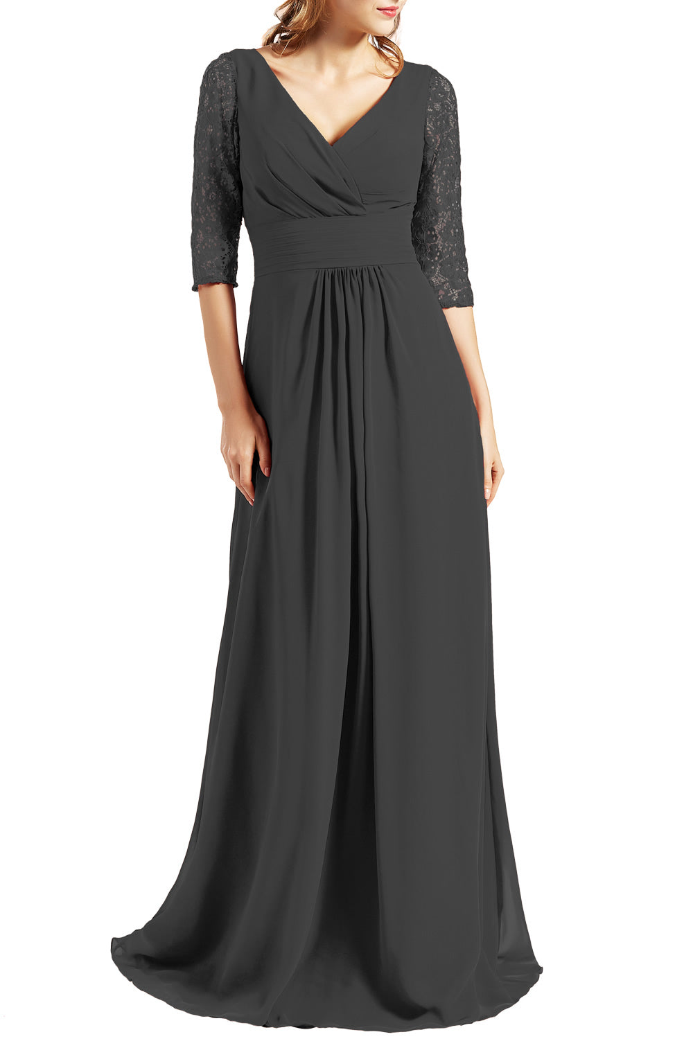 MACloth Langes Abendkleid für die Brautmutter mit V-Ausschnitt und 3/4-Ärmeln für Damen