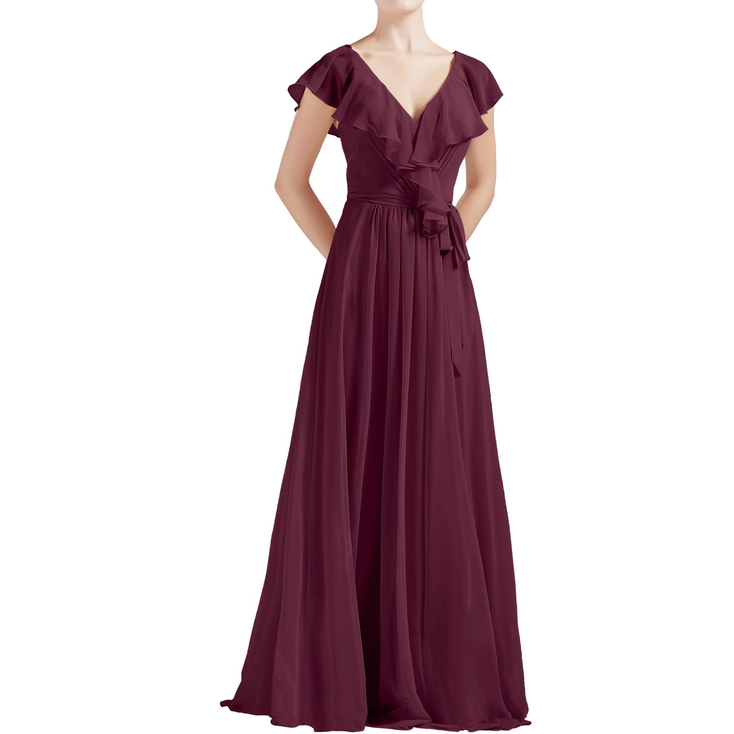 MACloth Women V Neck Ruffle Cap Sleeves Long Bridesmaid Dresses