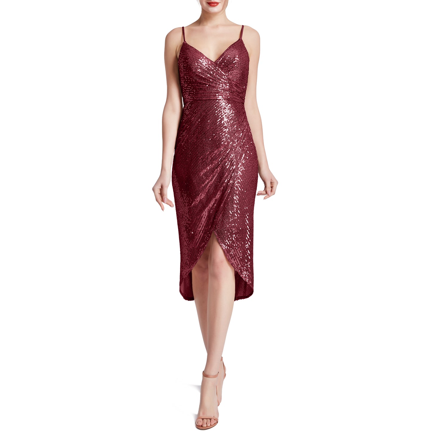 MACloth Women Spaghetti Strap Sweetheart HiLo Wrap Sequin Cocktail Party Dresses