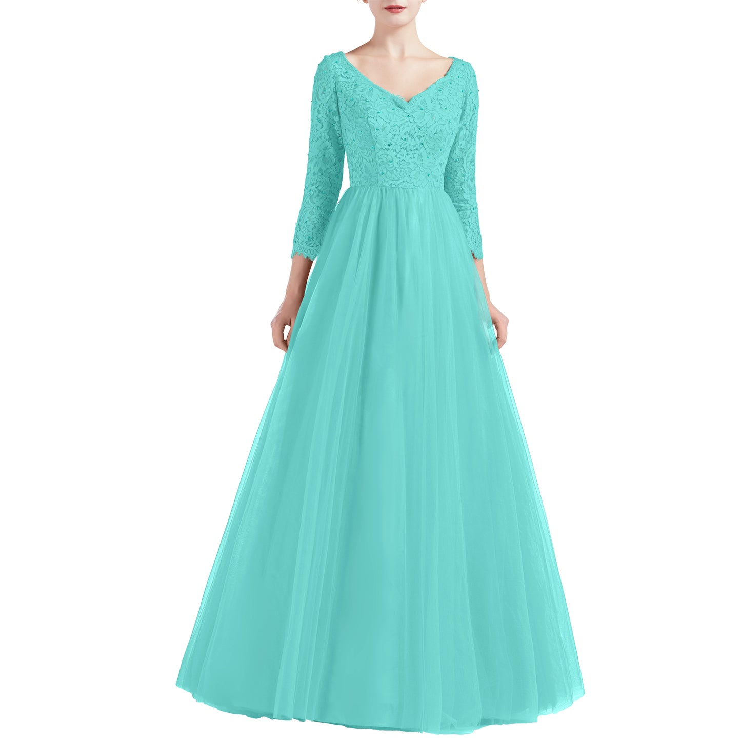 MACloth Women V Neck 3/4 Sleeve Long Tulle Prom Party Dresses Ball Gown Bridal