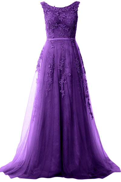 MACloth Lace Prom Dresses Boat Neck Sleeveless Lace Wedding Formal Evening Gown
