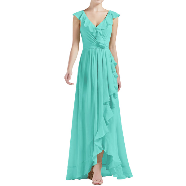 MACloth Women V Neck Ruffle Cap Sleeve Hi-Lo Long Wedding Bridesmaid Dresses