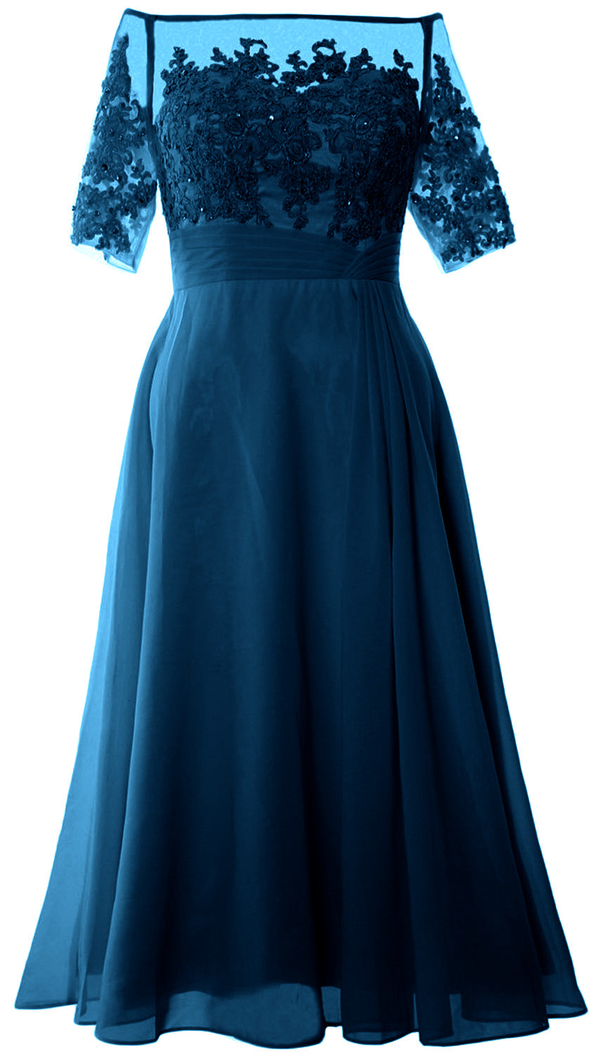 Vestidos de madre de la novia de MACloth, mangas cortas, midi, hombros descubiertos, semi formales