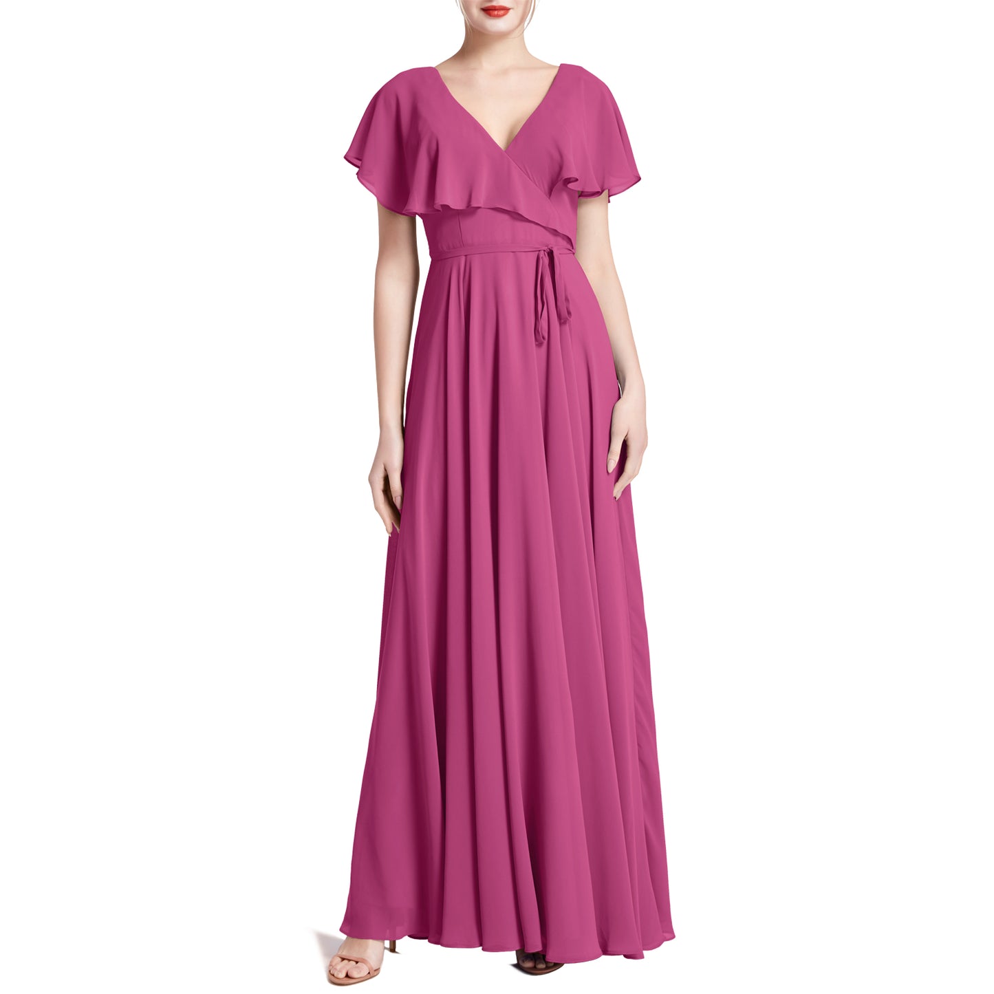 MACloth Women V Neck Ruffle BatWing Short Sleeve Maxi Wedding Bridesmaid Dresses