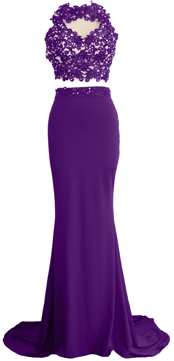 MACloth Damen Meerjungfrau 2-teiliges langes Ballkleid aus Spitze und Jersey, Abendkleid