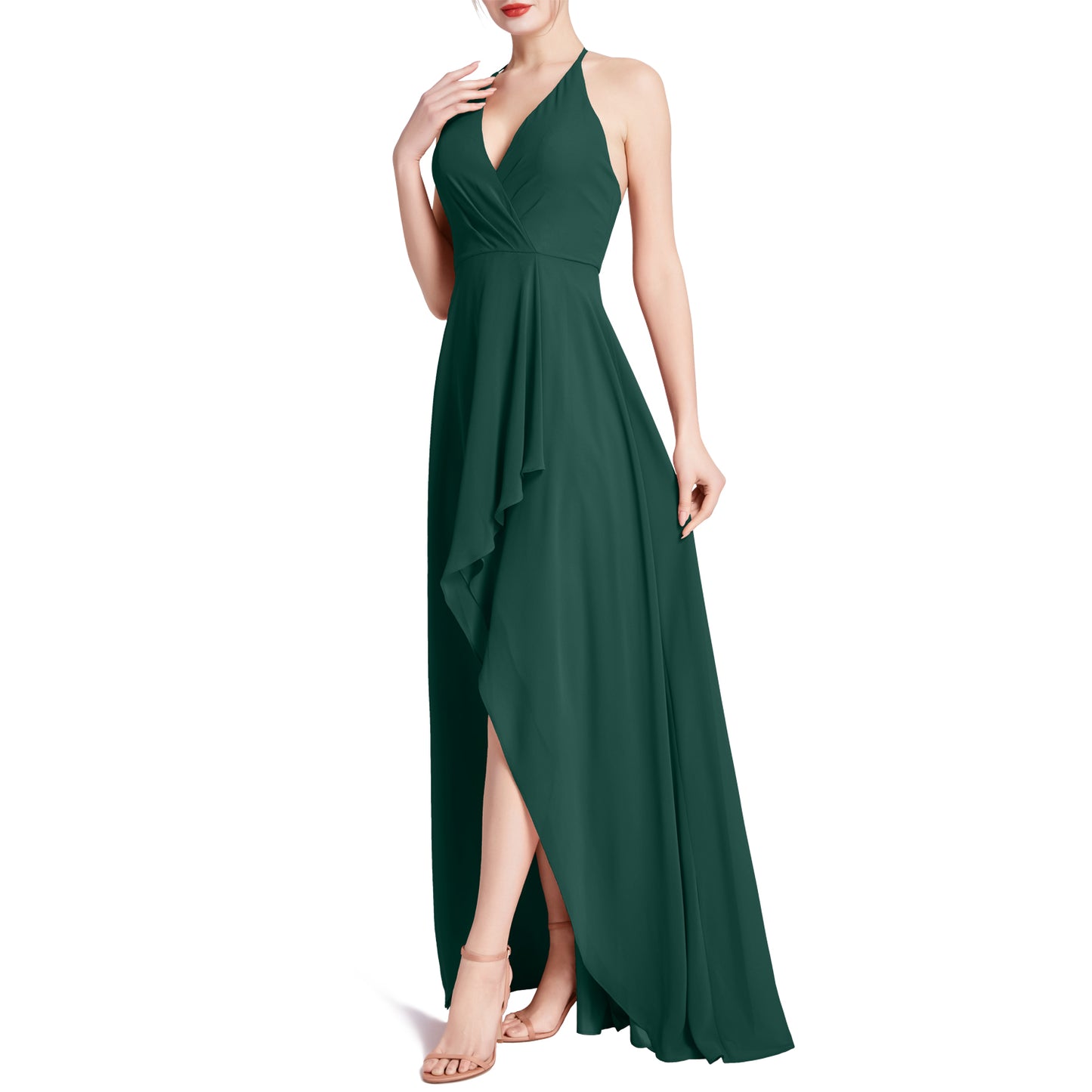 MACloth Women V Neck Halter Hi Lo Long Wedding Party Bridesmaid Dresses