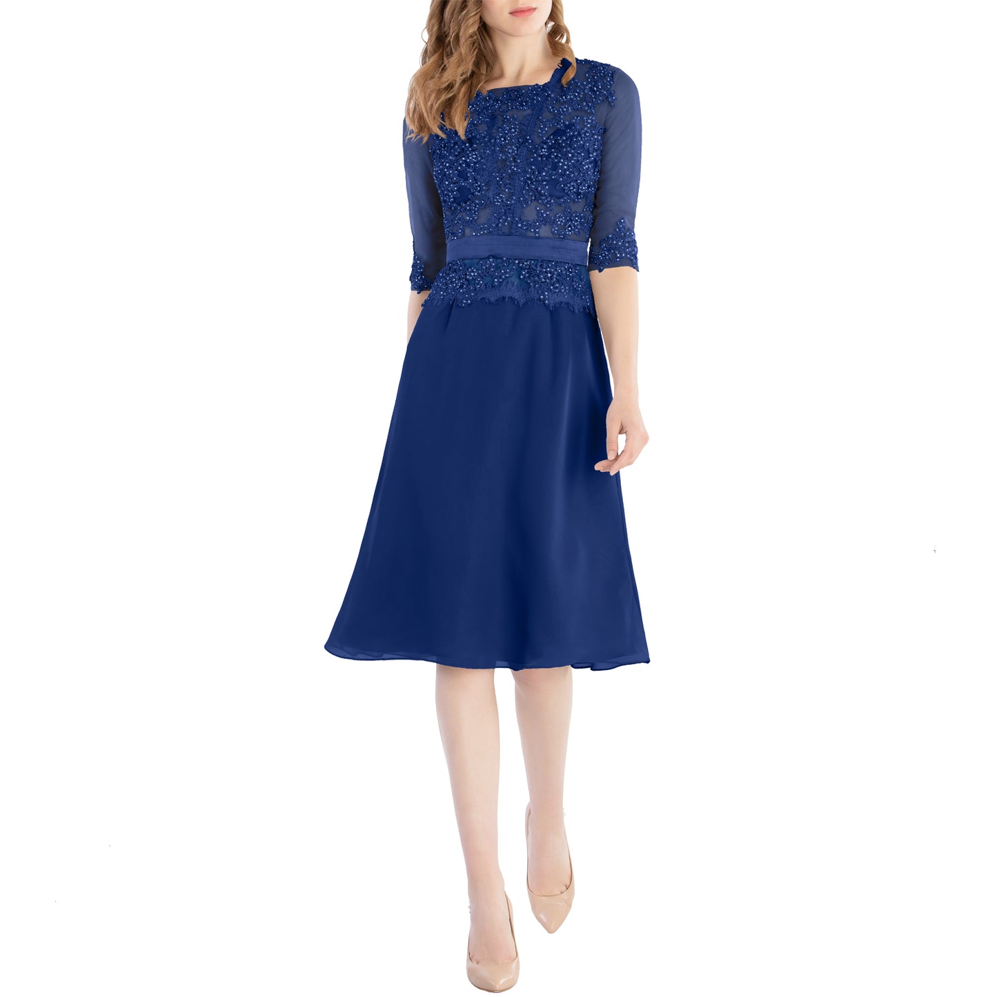 MACloth Damen-Kleid mit Rundhalsausschnitt, Perlenspitze, kurze Halbärmel, für die Brautmutter, Hochzeit, Brautparty