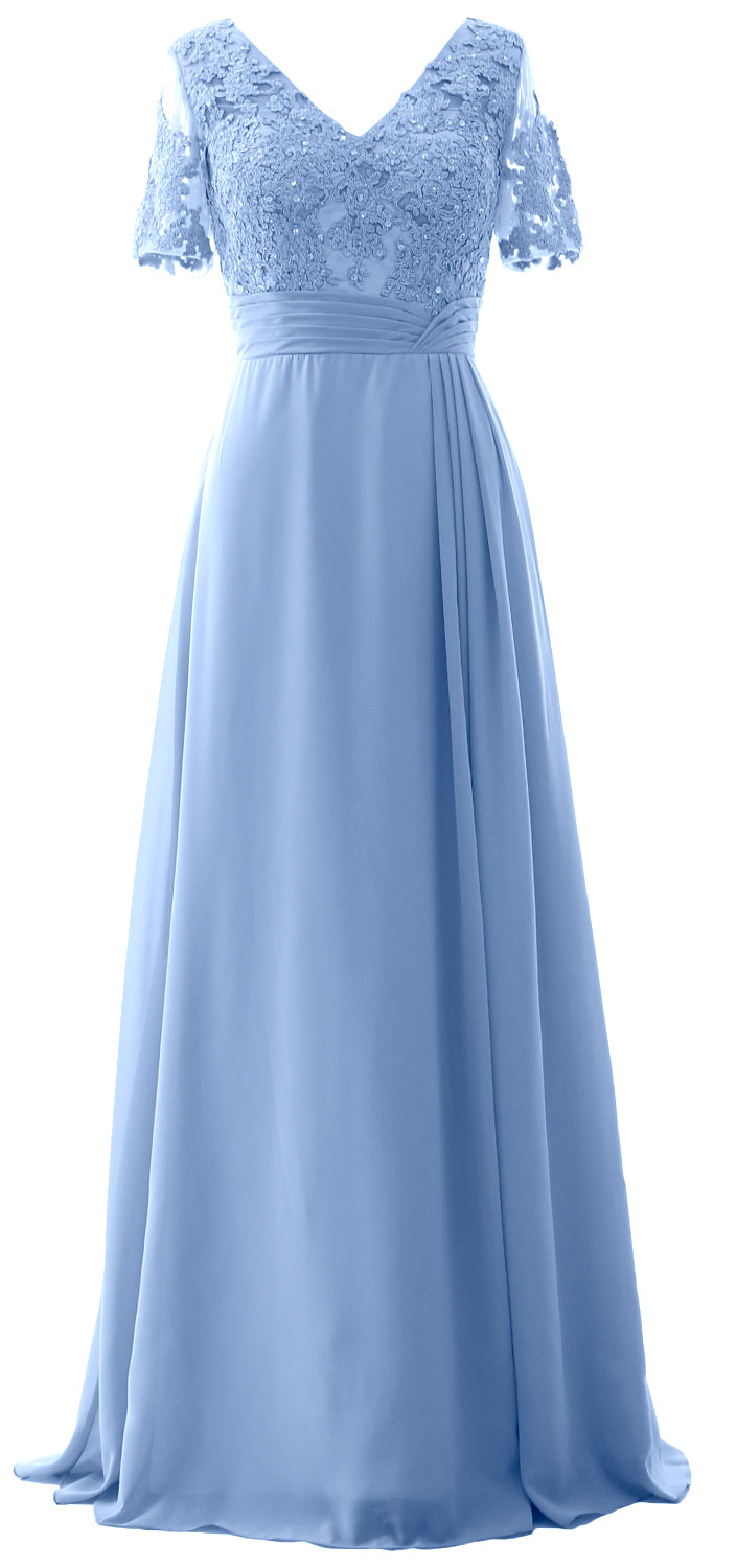 MACloth Women V Neck Long Mother of Bride Dresss Lace Evening Gown Short Sleeves