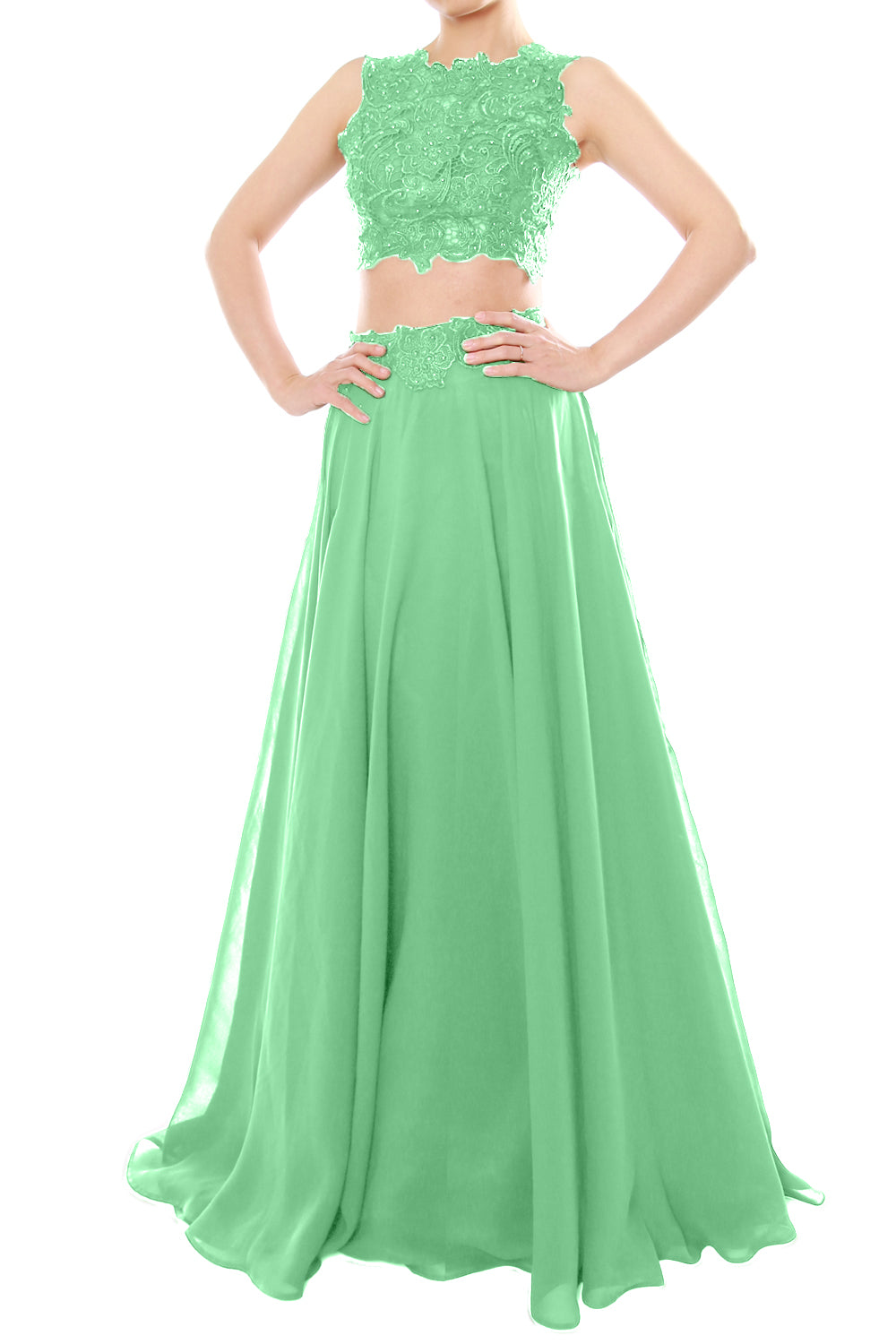 MACloth Vestido largo de gasa con encaje y cuello alto de dos piezas para mujer, vestido de fiesta formal para graduación