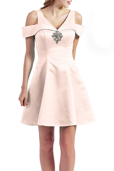 MACloth Women Short Cold Shoulder V Neck Satin Homecoming Dresses Wedding Guest